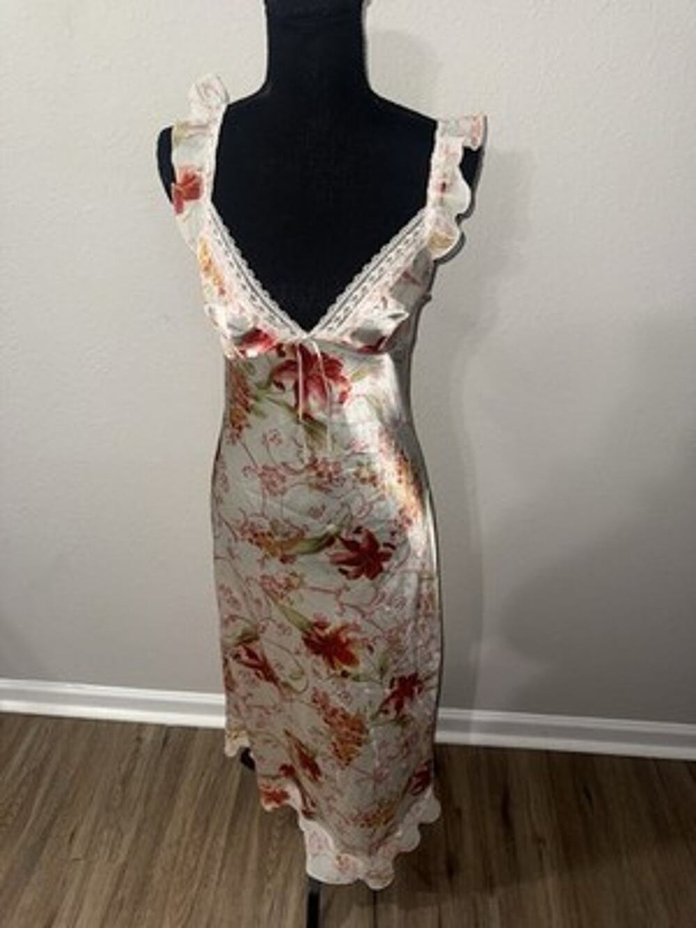 Kim Rogers Intimates Floral Satin Nightgown Small Lace Trim Ruffle Slip Dress S